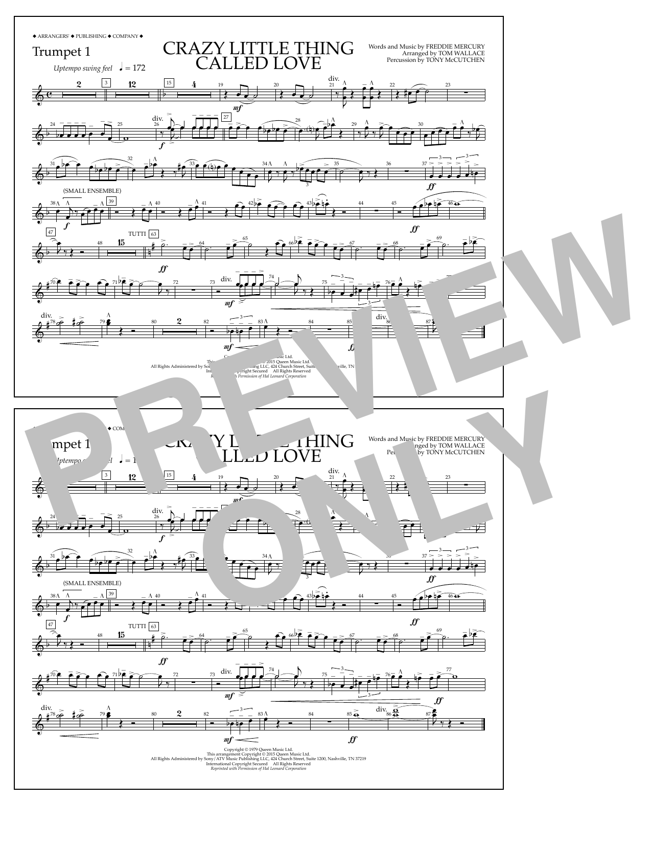 Download Tom Wallace Crazy Little Thing Called Love - Trumpet 1 Sheet Music and learn how to play Marching Band PDF digital score in minutes