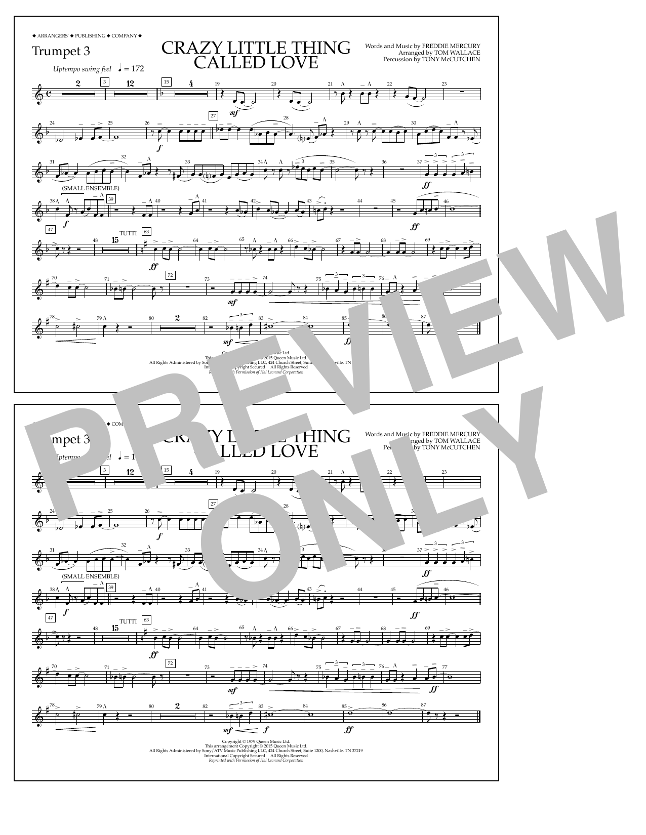 Download Tom Wallace Crazy Little Thing Called Love - Trumpet 3 Sheet Music and learn how to play Marching Band PDF digital score in minutes