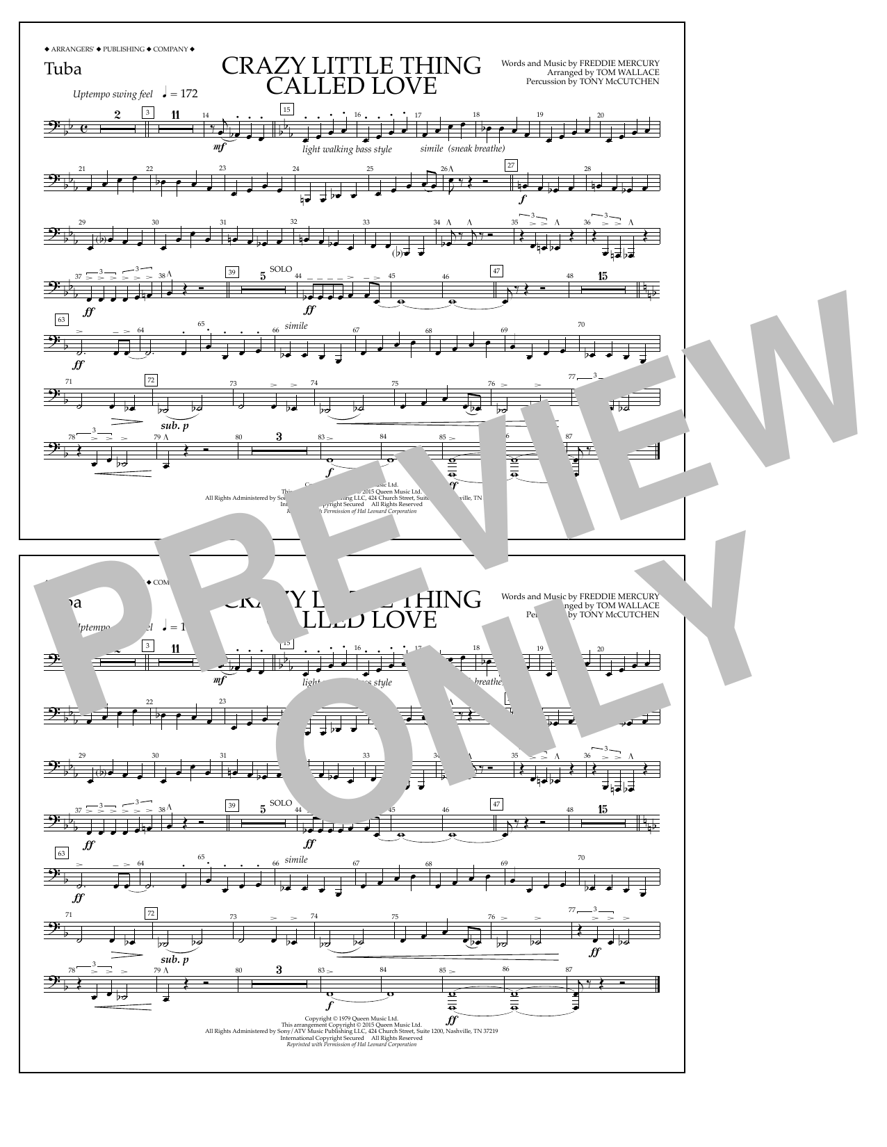 Download Tom Wallace Crazy Little Thing Called Love - Tuba Sheet Music and learn how to play Marching Band PDF digital score in minutes