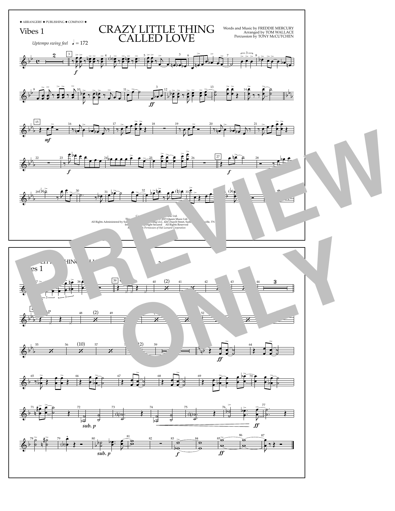 Download Tom Wallace Crazy Little Thing Called Love - Vibes 1 Sheet Music and learn how to play Marching Band PDF digital score in minutes