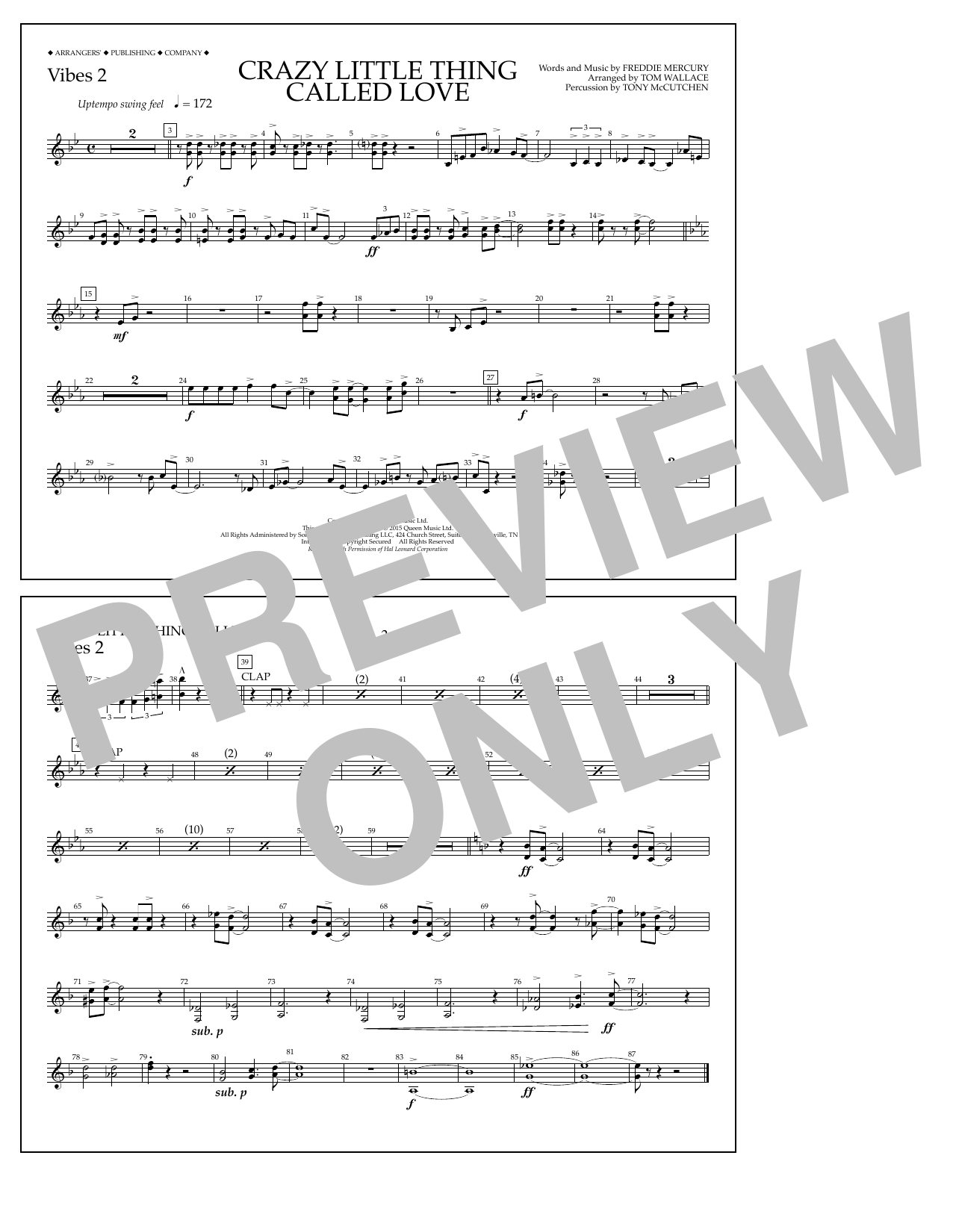 Download Tom Wallace Crazy Little Thing Called Love - Vibes 2 Sheet Music and learn how to play Marching Band PDF digital score in minutes
