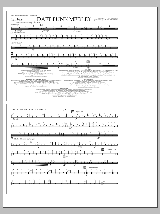 Download Tom Wallace Daft Punk Medley - Cymbals Sheet Music and learn how to play Marching Band PDF digital score in minutes