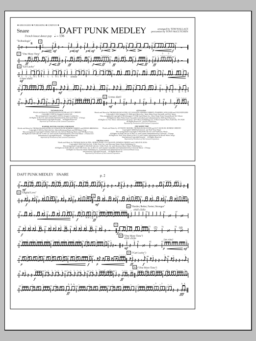 Download Tom Wallace Daft Punk Medley - Snare Sheet Music and learn how to play Marching Band PDF digital score in minutes
