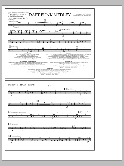 Download Tom Wallace Daft Punk Medley - Timpani Sheet Music and learn how to play Marching Band PDF digital score in minutes