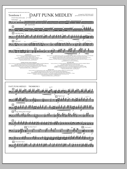 Download Tom Wallace Daft Punk Medley - Trombone 1 Sheet Music and learn how to play Marching Band PDF digital score in minutes