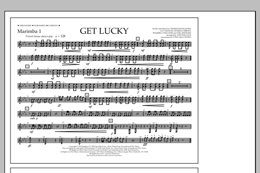 Download Tom Wallace Get Lucky - Marimba 1 Sheet Music and learn how to play Marching Band PDF digital score in minutes