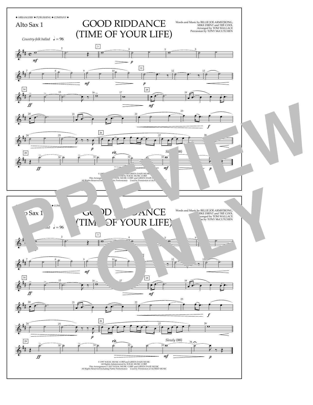Download Tom Wallace Good Riddance (Time of Your Life) - Alto Sax 1 Sheet Music and learn how to play Marching Band PDF digital score in minutes