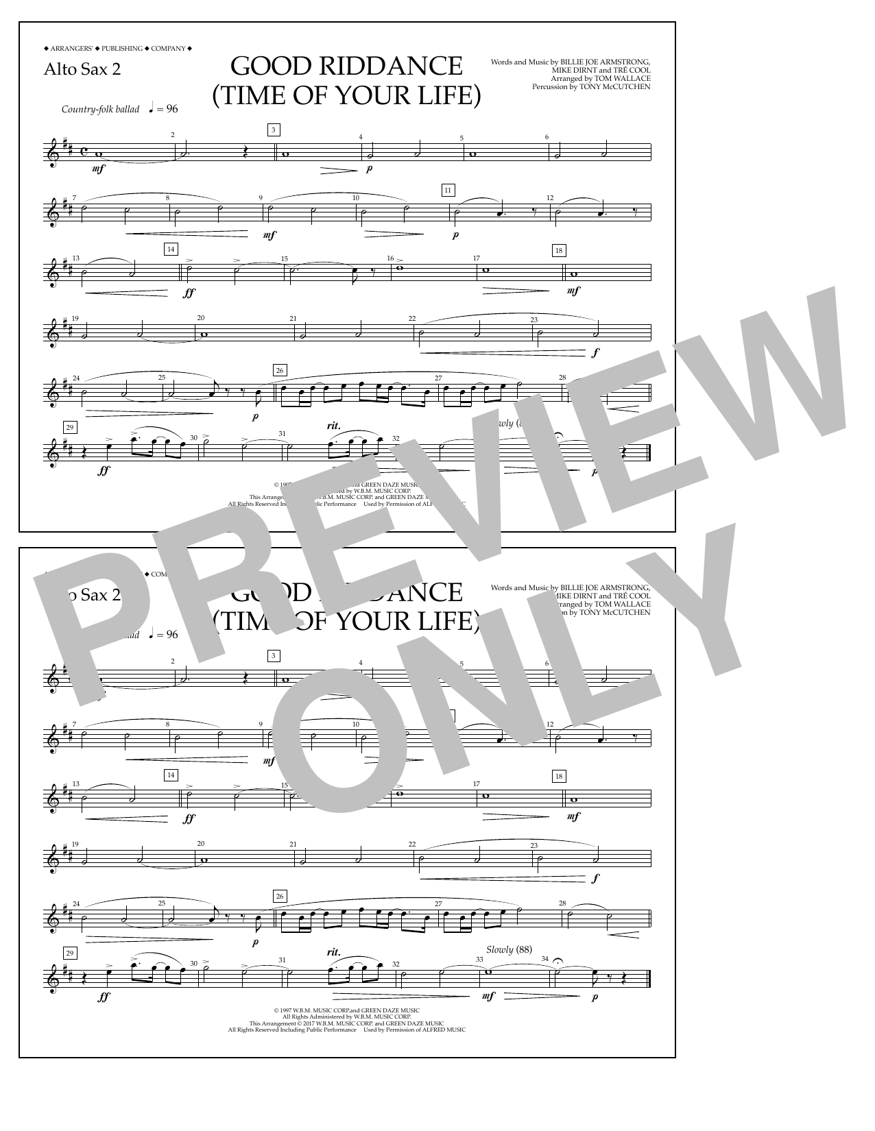Download Tom Wallace Good Riddance (Time of Your Life) - Alto Sax 2 Sheet Music and learn how to play Marching Band PDF digital score in minutes