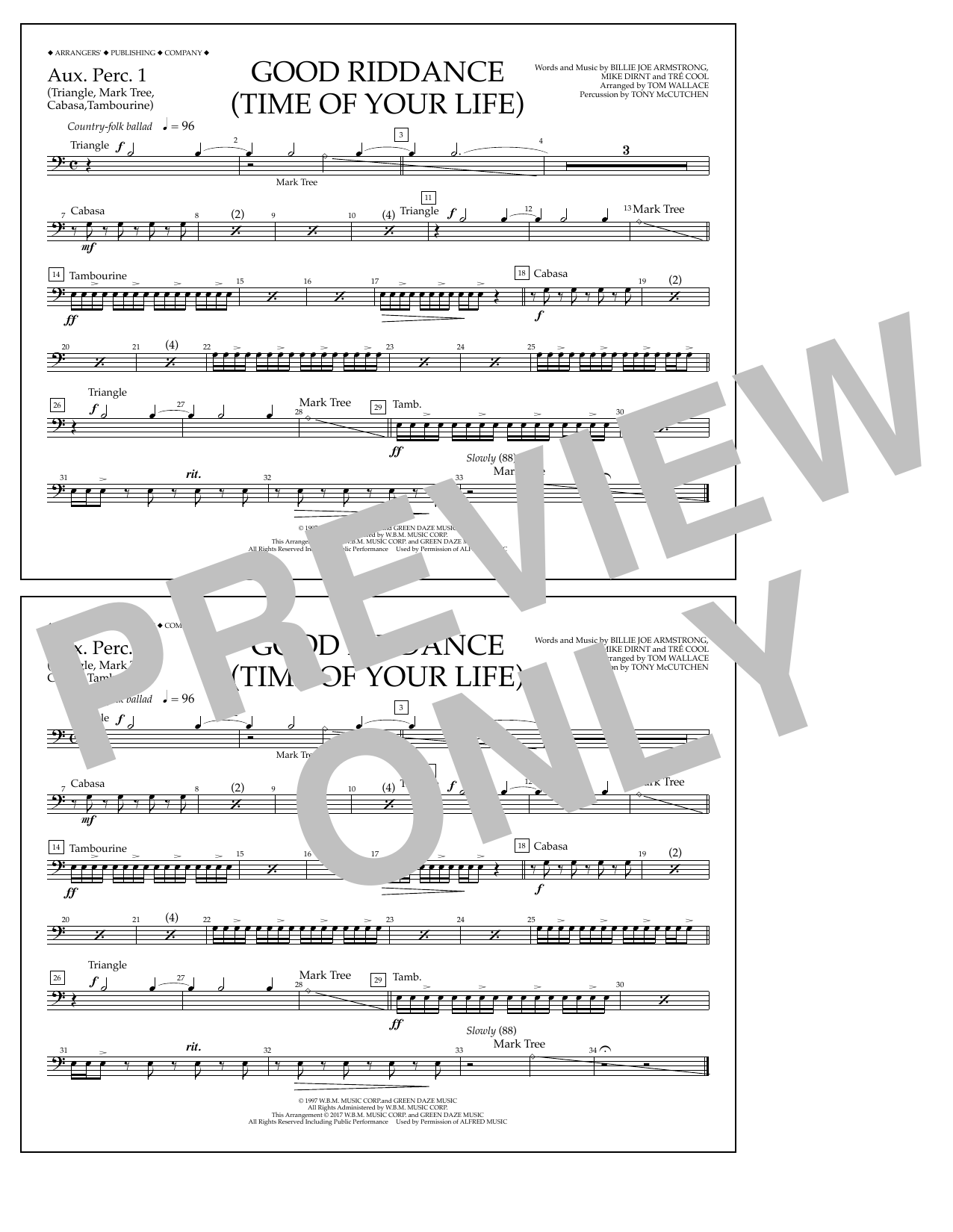 Download Tom Wallace Good Riddance (Time of Your Life) - Aux. Perc. 1 Sheet Music and learn how to play Marching Band PDF digital score in minutes