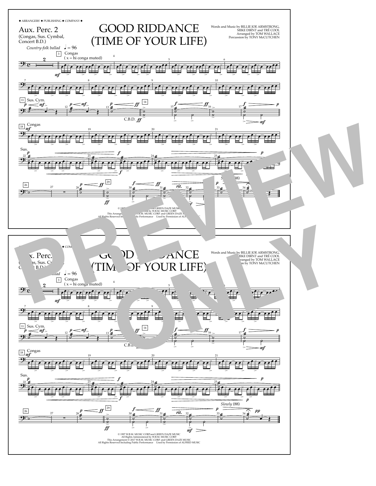 Download Tom Wallace Good Riddance (Time of Your Life) - Aux. Perc. 2 Sheet Music and learn how to play Marching Band PDF digital score in minutes