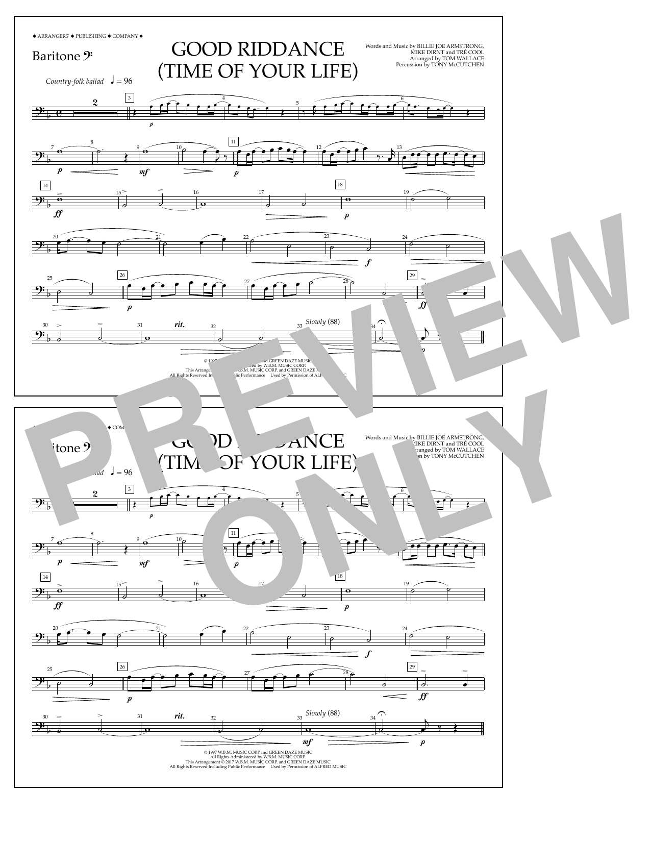 Download Tom Wallace Good Riddance (Time of Your Life) - Baritone B.C. Sheet Music and learn how to play Marching Band PDF digital score in minutes