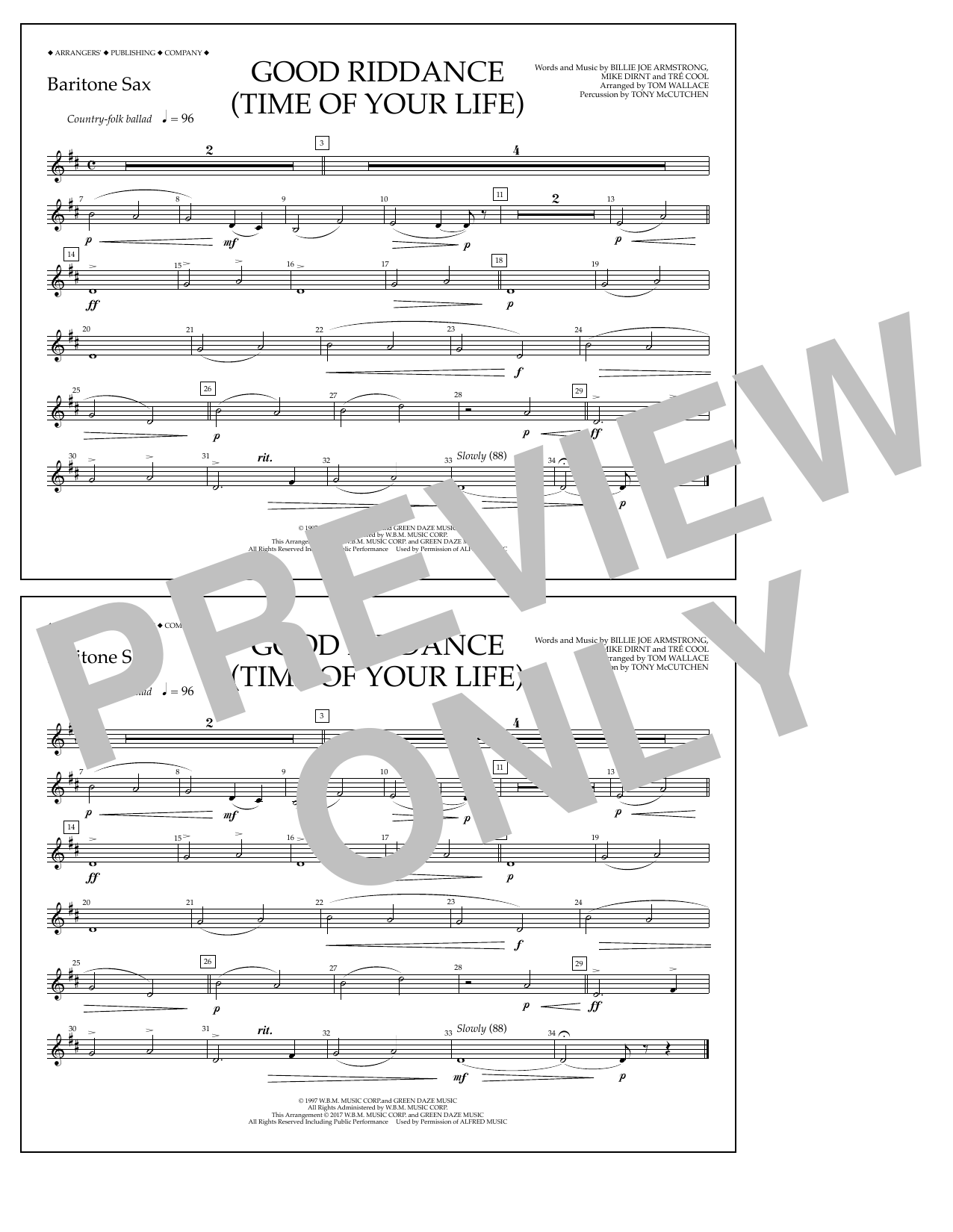 Download Tom Wallace Good Riddance (Time of Your Life) - Baritone Sax Sheet Music and learn how to play Marching Band PDF digital score in minutes