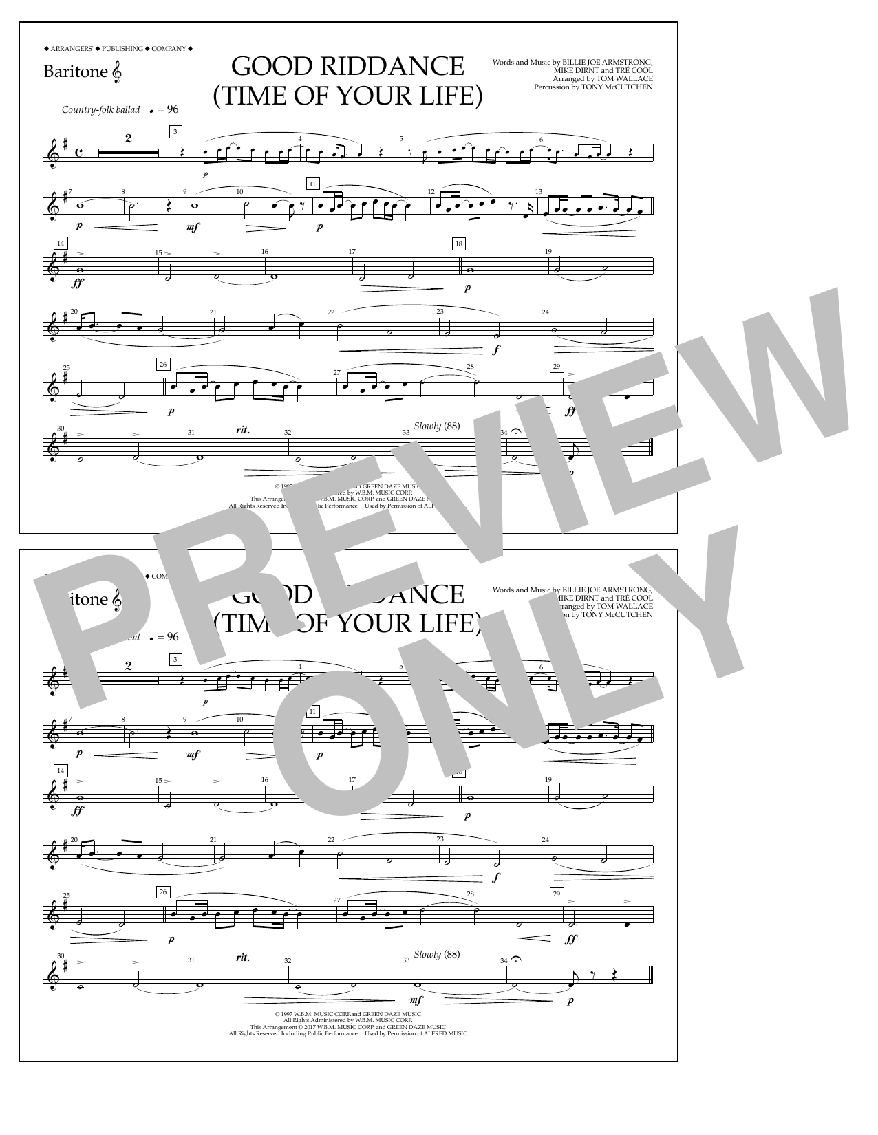 Download Tom Wallace Good Riddance (Time of Your Life) - Baritone T.C. Sheet Music and learn how to play Marching Band PDF digital score in minutes
