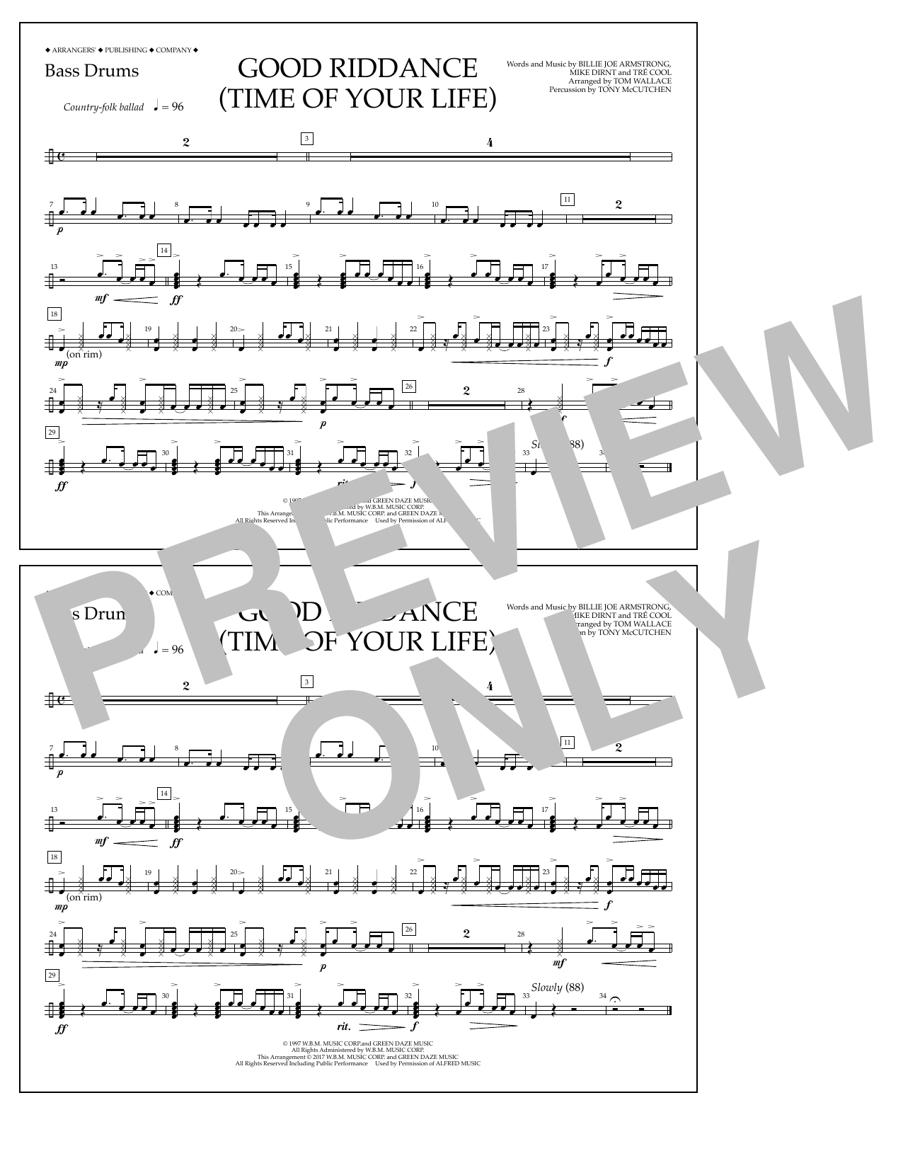 Download Tom Wallace Good Riddance (Time of Your Life) - Bass Drums Sheet Music and learn how to play Marching Band PDF digital score in minutes