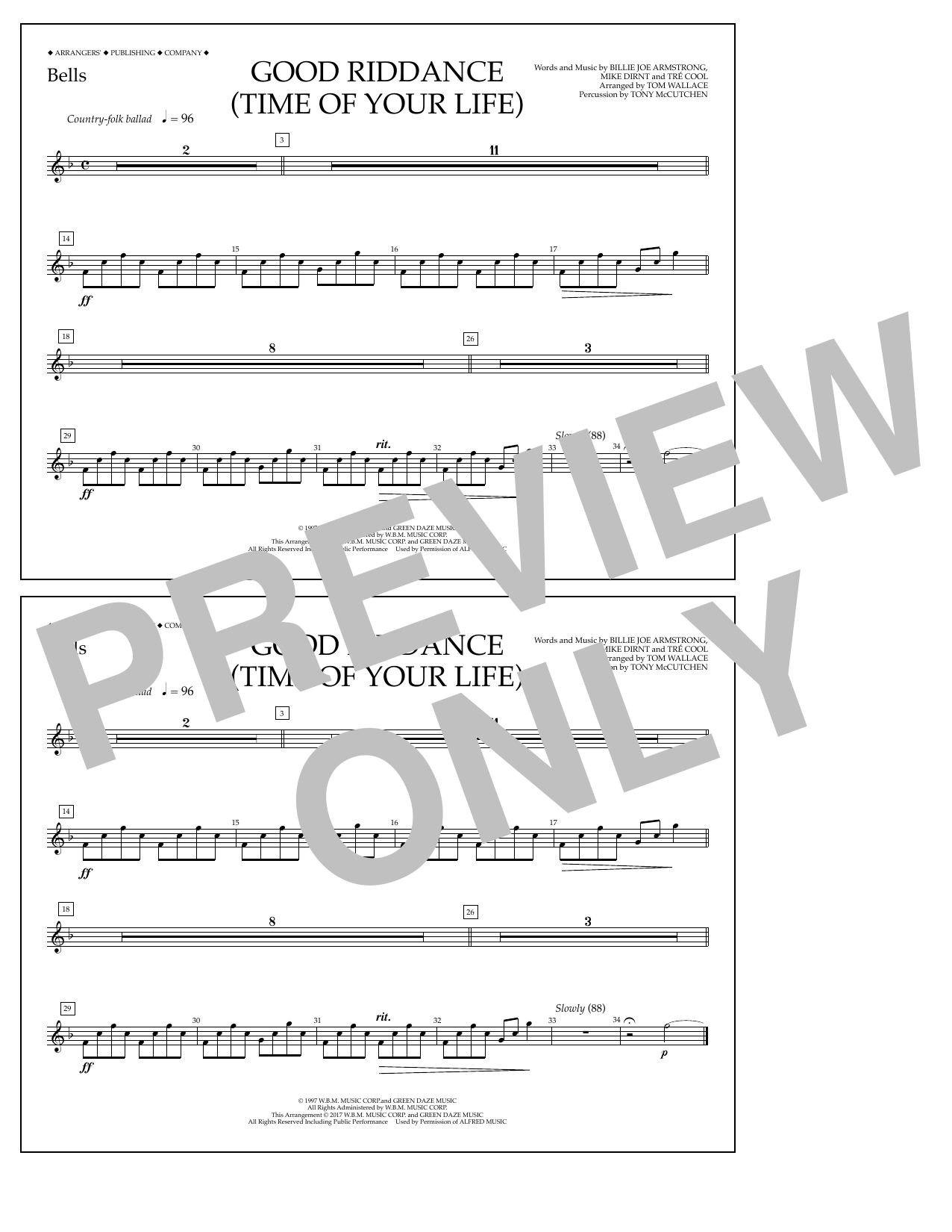 Download Tom Wallace Good Riddance (Time of Your Life) - Bells Sheet Music and learn how to play Marching Band PDF digital score in minutes