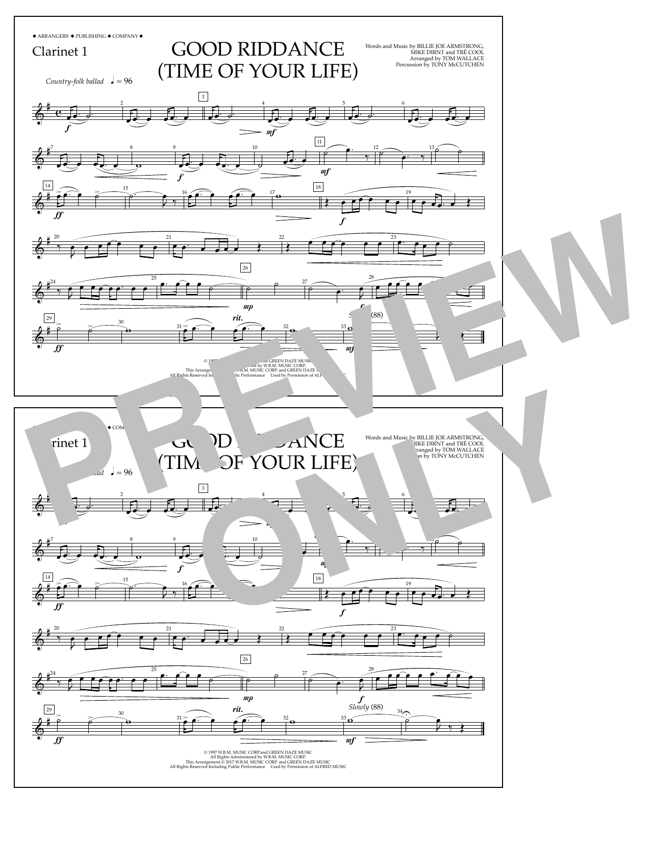 Download Tom Wallace Good Riddance (Time of Your Life) - Clarinet 1 Sheet Music and learn how to play Marching Band PDF digital score in minutes