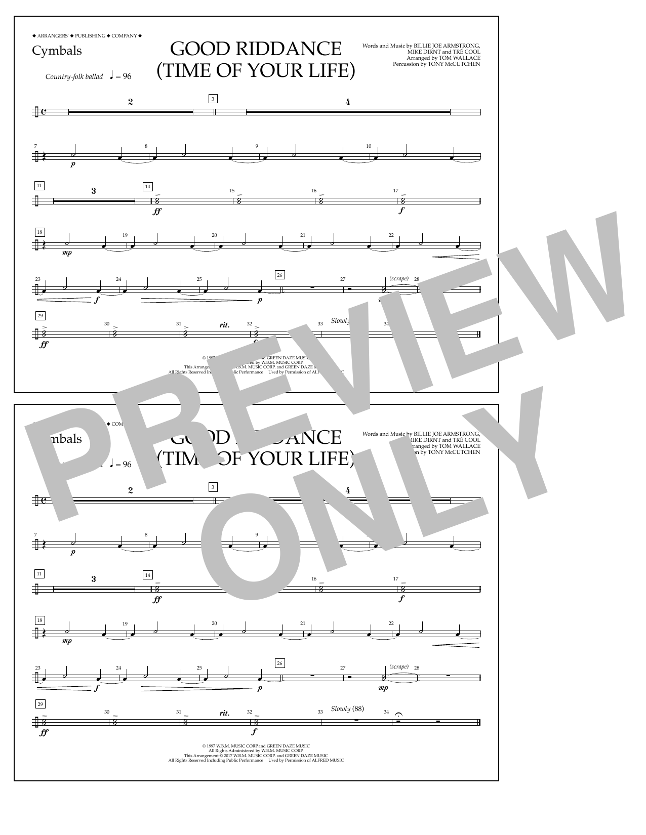 Download Tom Wallace Good Riddance (Time of Your Life) - Cymbals Sheet Music and learn how to play Marching Band PDF digital score in minutes