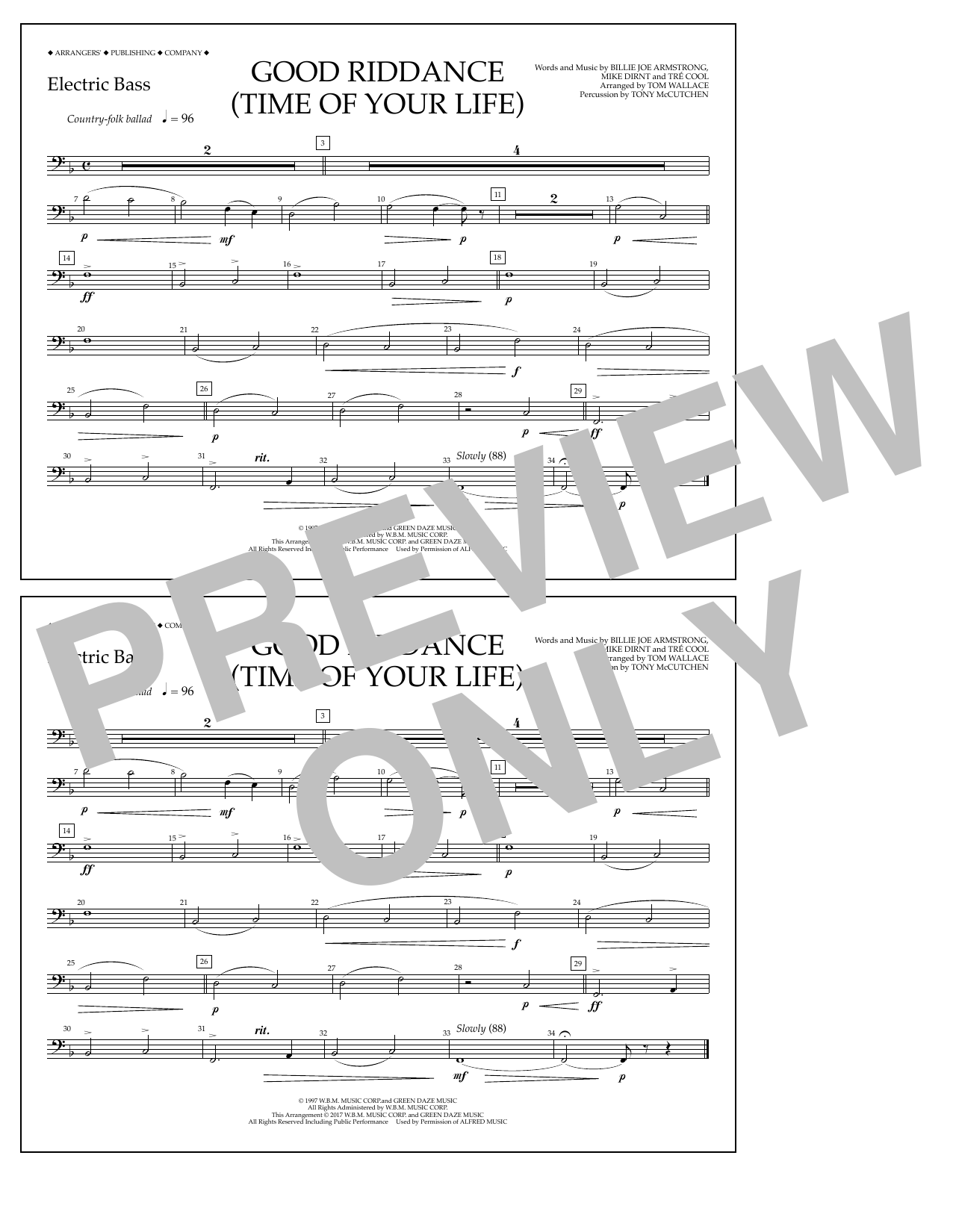 Download Tom Wallace Good Riddance (Time of Your Life) - Electric Bass Sheet Music and learn how to play Marching Band PDF digital score in minutes