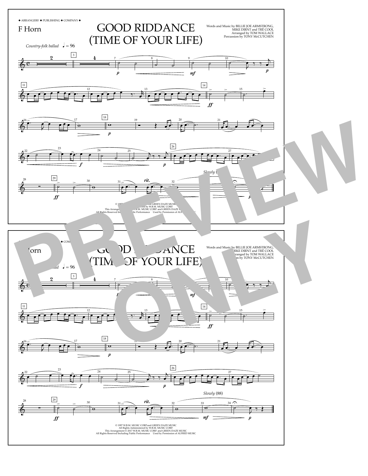 Download Tom Wallace Good Riddance (Time of Your Life) - F Horn Sheet Music and learn how to play Marching Band PDF digital score in minutes