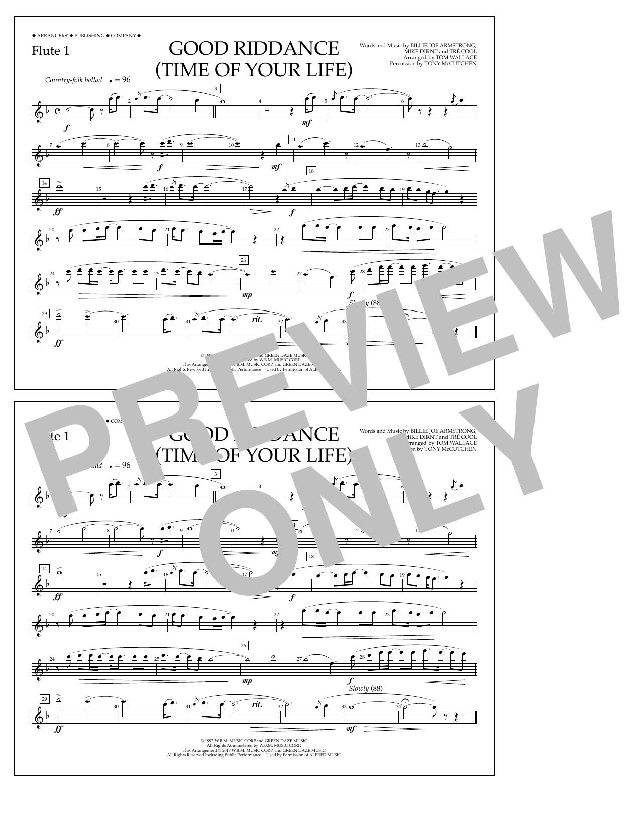 Download Tom Wallace Good Riddance (Time of Your Life) - Flute 1 Sheet Music and learn how to play Marching Band PDF digital score in minutes