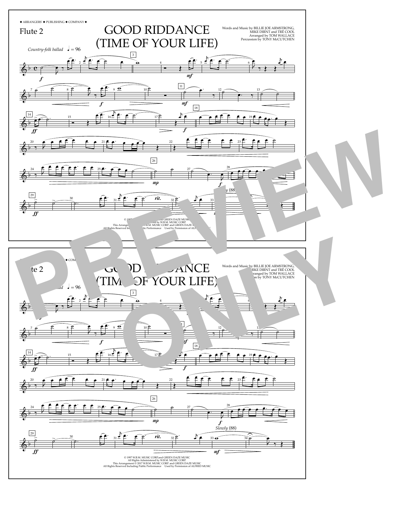 Download Tom Wallace Good Riddance (Time of Your Life) - Flute 2 Sheet Music and learn how to play Marching Band PDF digital score in minutes