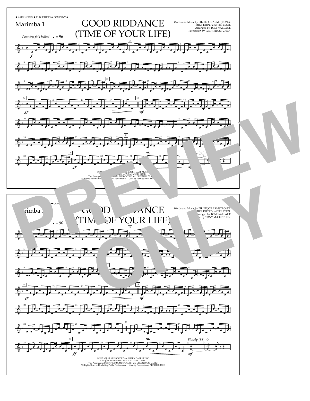 Download Tom Wallace Good Riddance (Time of Your Life) - Marimba 1 Sheet Music and learn how to play Marching Band PDF digital score in minutes