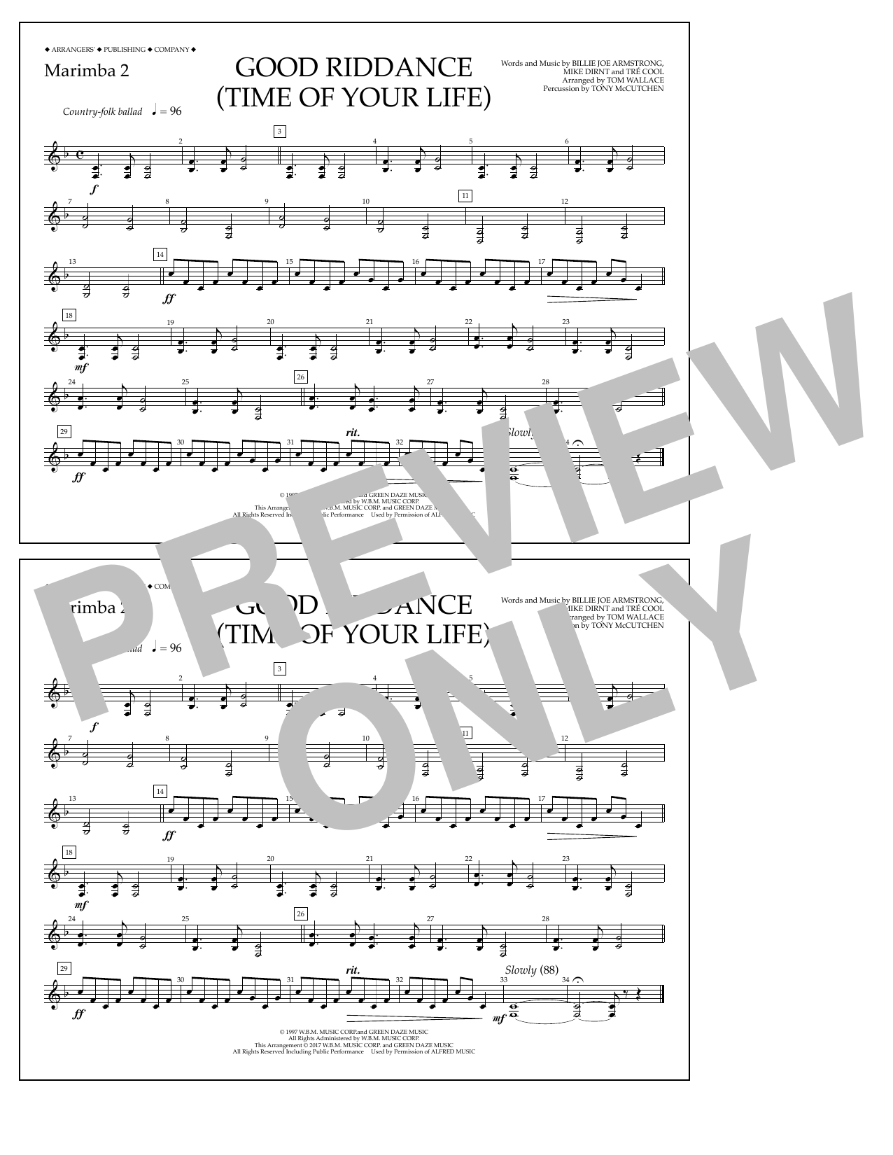 Download Tom Wallace Good Riddance (Time of Your Life) - Marimba 2 Sheet Music and learn how to play Marching Band PDF digital score in minutes