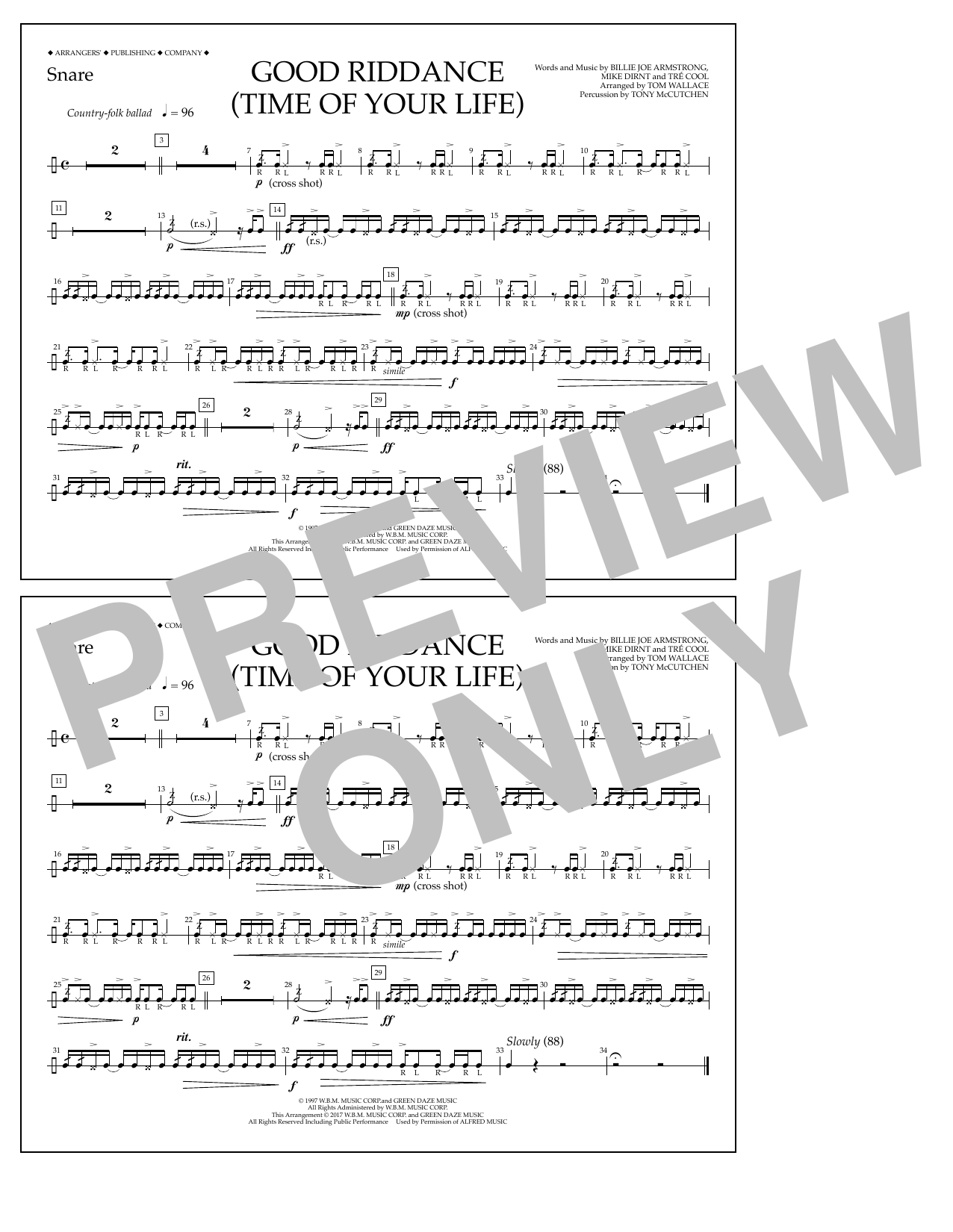 Download Tom Wallace Good Riddance (Time of Your Life) - Snare Sheet Music and learn how to play Marching Band PDF digital score in minutes
