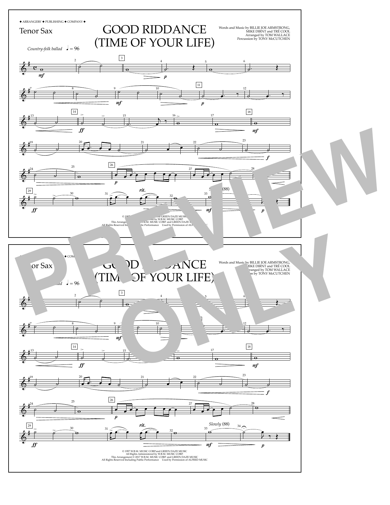 Download Tom Wallace Good Riddance (Time of Your Life) - Tenor Sax Sheet Music and learn how to play Marching Band PDF digital score in minutes