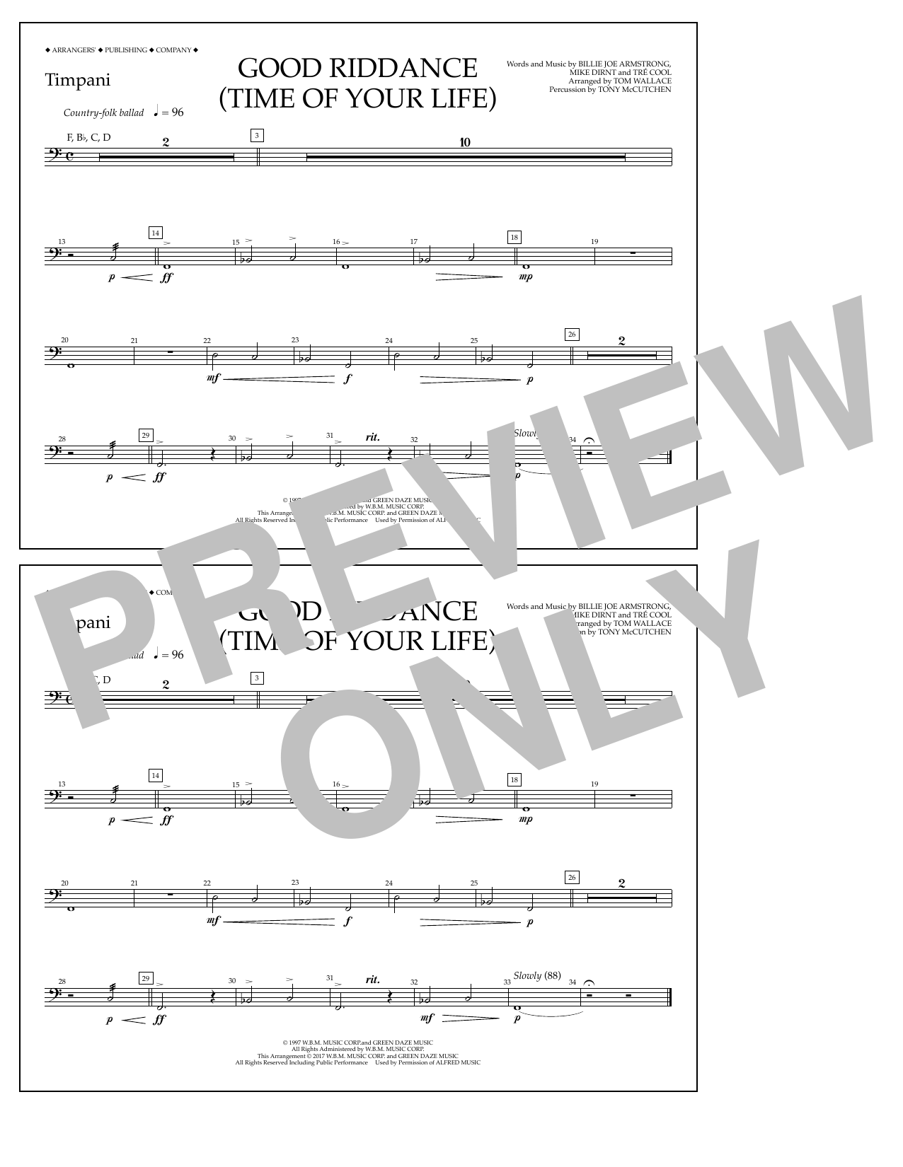 Download Tom Wallace Good Riddance (Time of Your Life) - Timpani Sheet Music and learn how to play Marching Band PDF digital score in minutes