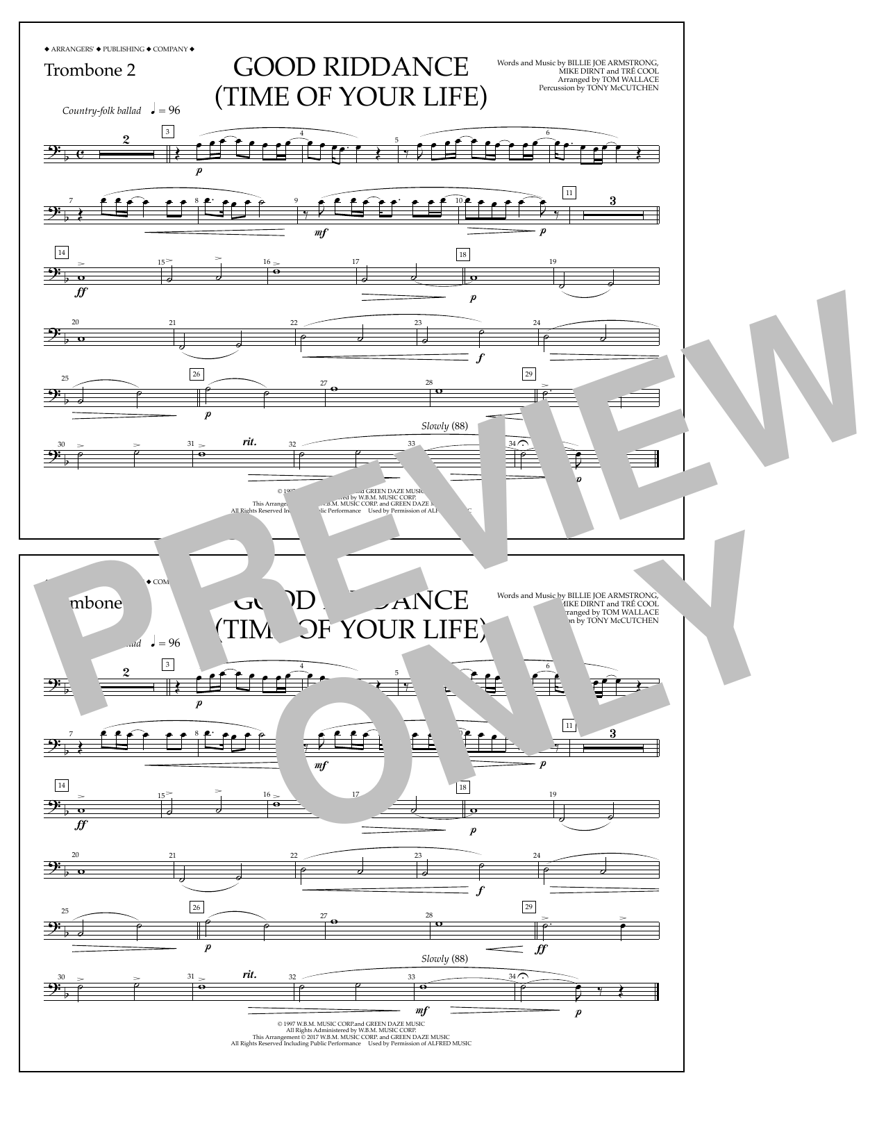 Download Tom Wallace Good Riddance (Time of Your Life) - Trombone 2 Sheet Music and learn how to play Marching Band PDF digital score in minutes