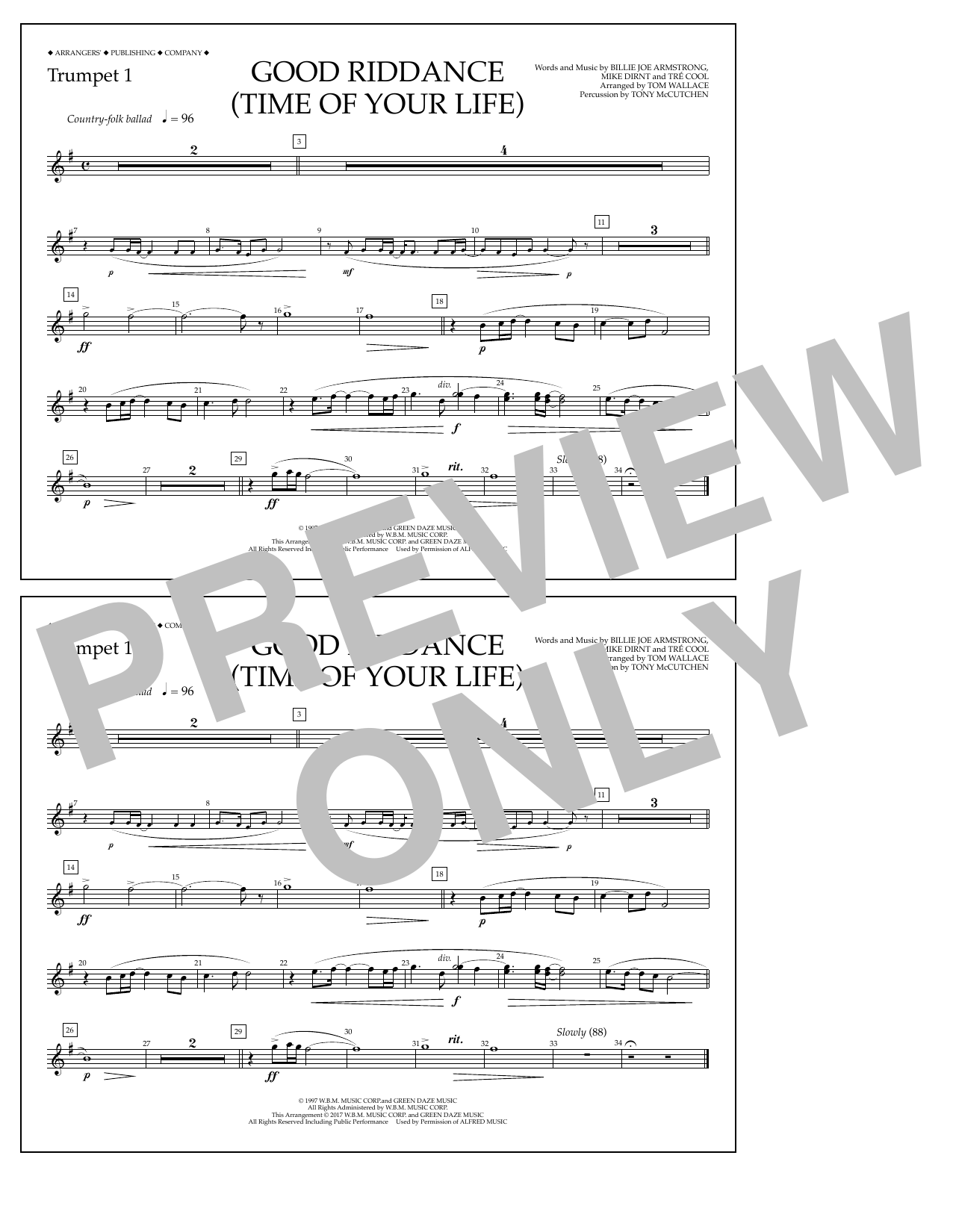 Download Tom Wallace Good Riddance (Time of Your Life) - Trumpet 1 Sheet Music and learn how to play Marching Band PDF digital score in minutes