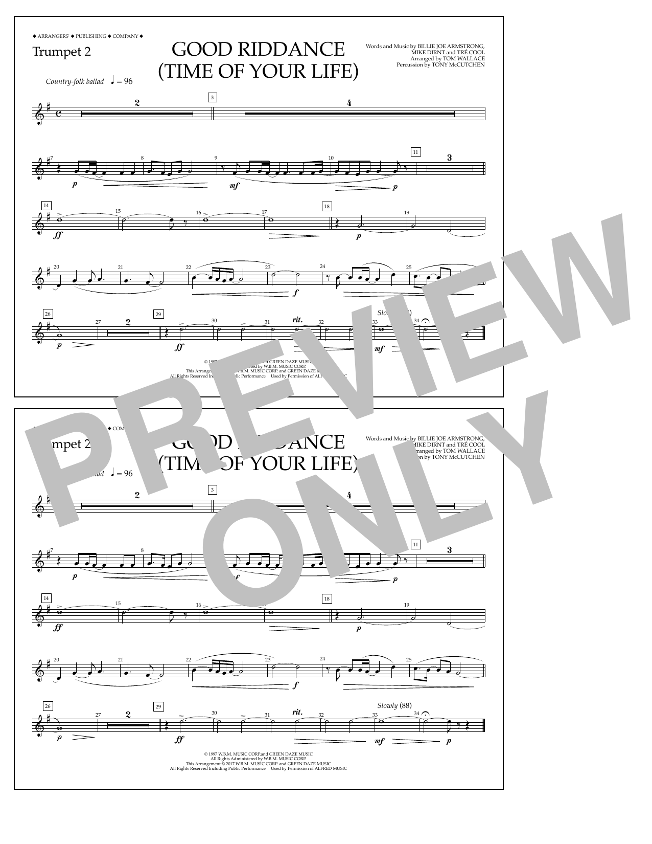 Download Tom Wallace Good Riddance (Time of Your Life) - Trumpet 2 Sheet Music and learn how to play Marching Band PDF digital score in minutes