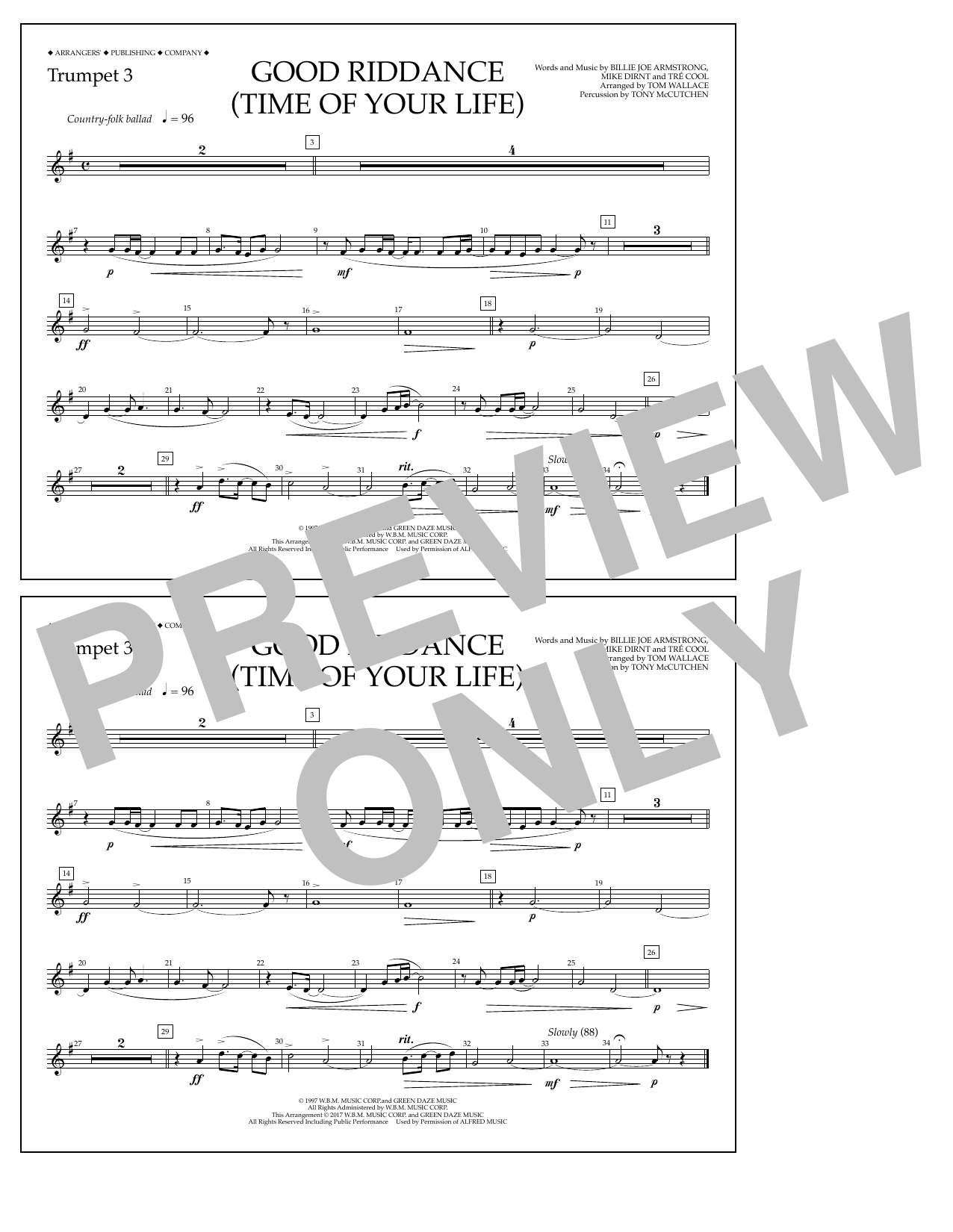 Download Tom Wallace Good Riddance (Time of Your Life) - Trumpet 3 Sheet Music and learn how to play Marching Band PDF digital score in minutes