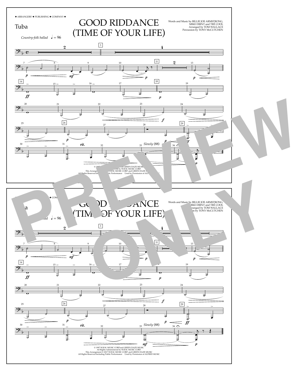 Download Tom Wallace Good Riddance (Time of Your Life) - Tuba Sheet Music and learn how to play Marching Band PDF digital score in minutes