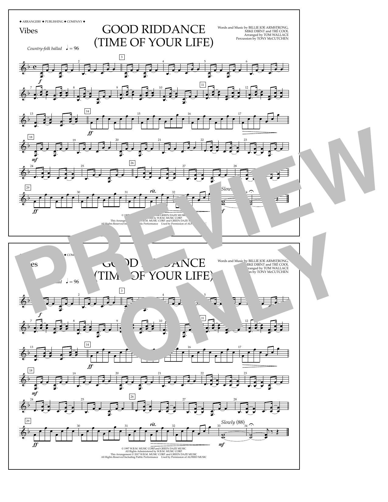 Download Tom Wallace Good Riddance (Time of Your Life) - Vibes Sheet Music and learn how to play Marching Band PDF digital score in minutes