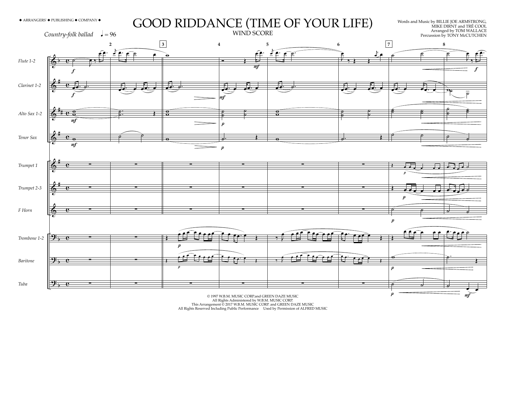 Download Tom Wallace Good Riddance (Time of Your Life) - Wind Score Sheet Music and learn how to play Marching Band PDF digital score in minutes