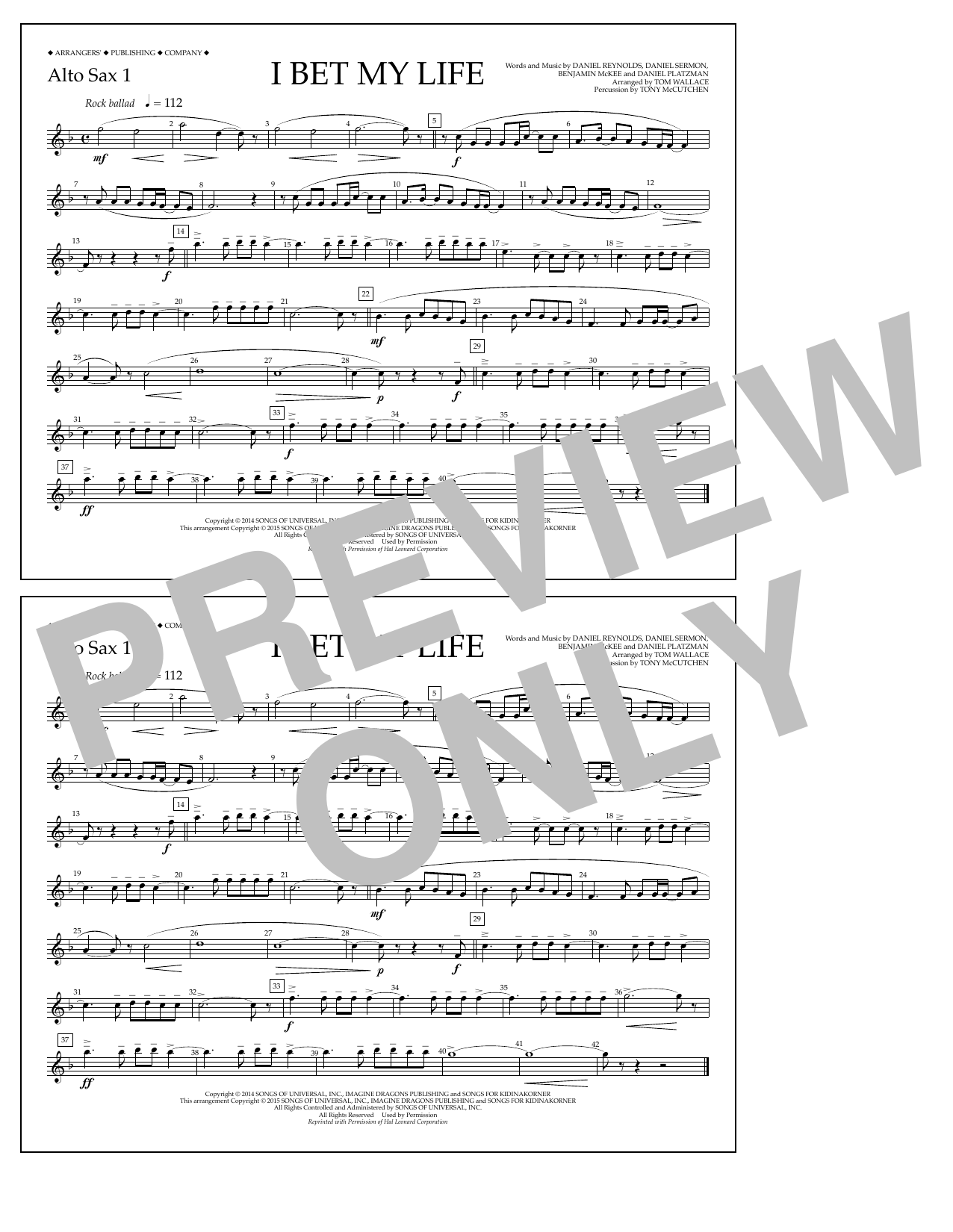 Download Tom Wallace I Bet My Life - Alto Sax 1 Sheet Music and learn how to play Marching Band PDF digital score in minutes