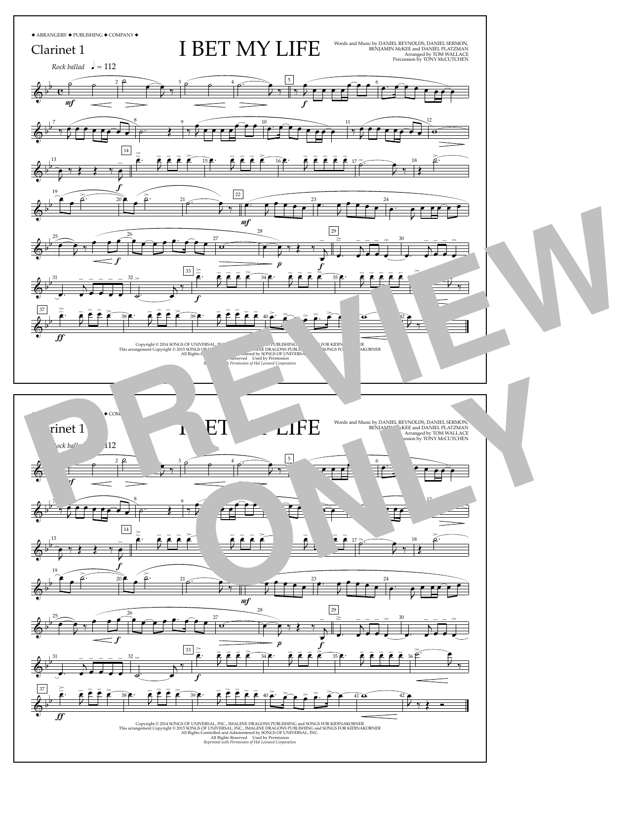 Download Tom Wallace I Bet My Life - Clarinet 1 Sheet Music and learn how to play Marching Band PDF digital score in minutes