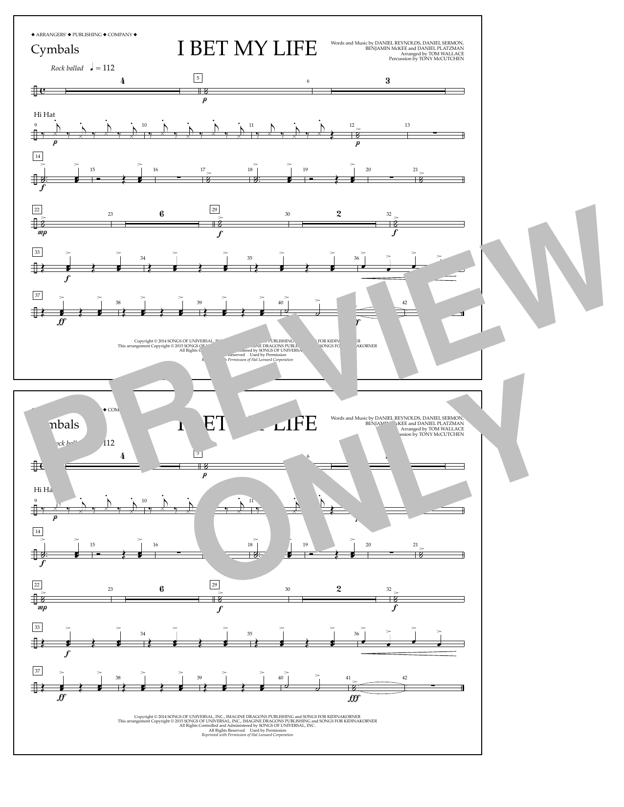 Download Tom Wallace I Bet My Life - Cymbals Sheet Music and learn how to play Marching Band PDF digital score in minutes