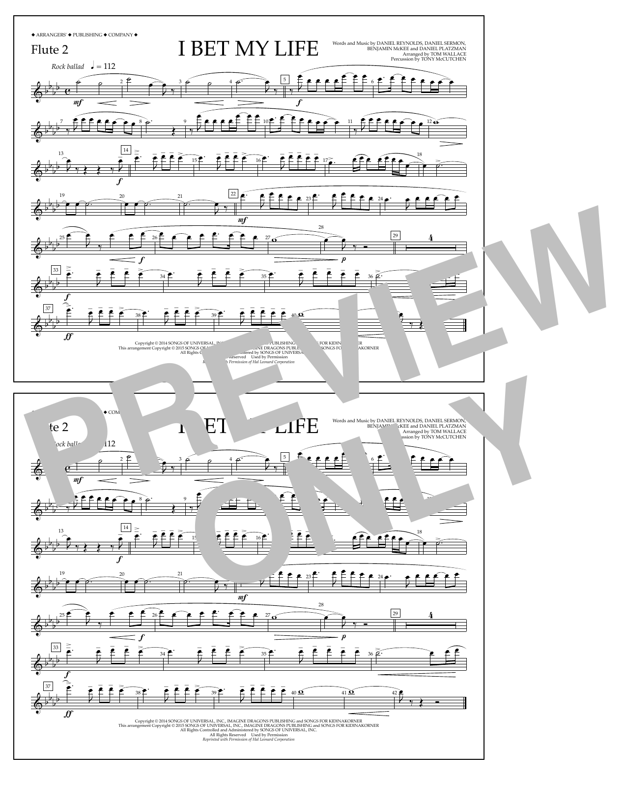 Download Tom Wallace I Bet My Life - Flute 2 Sheet Music and learn how to play Marching Band PDF digital score in minutes