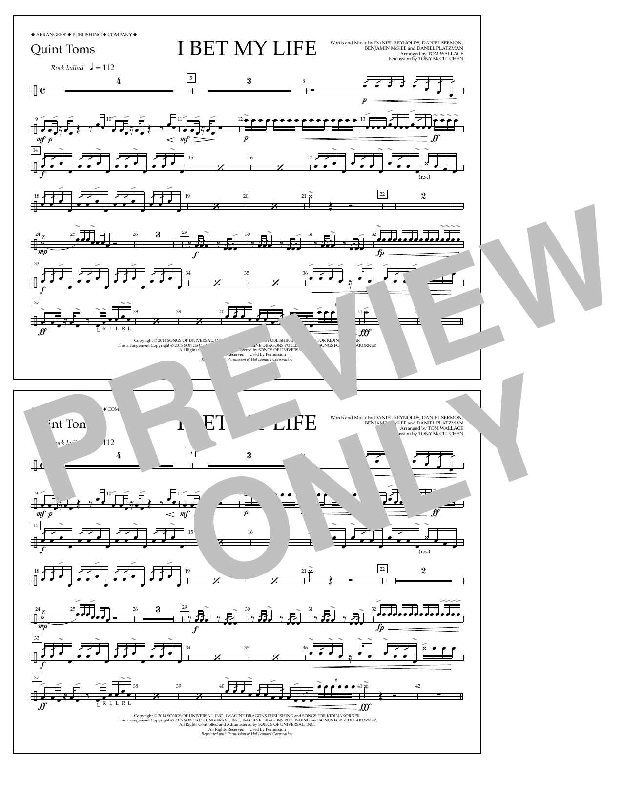 Download Tom Wallace I Bet My Life - Quint-Toms Sheet Music and learn how to play Marching Band PDF digital score in minutes