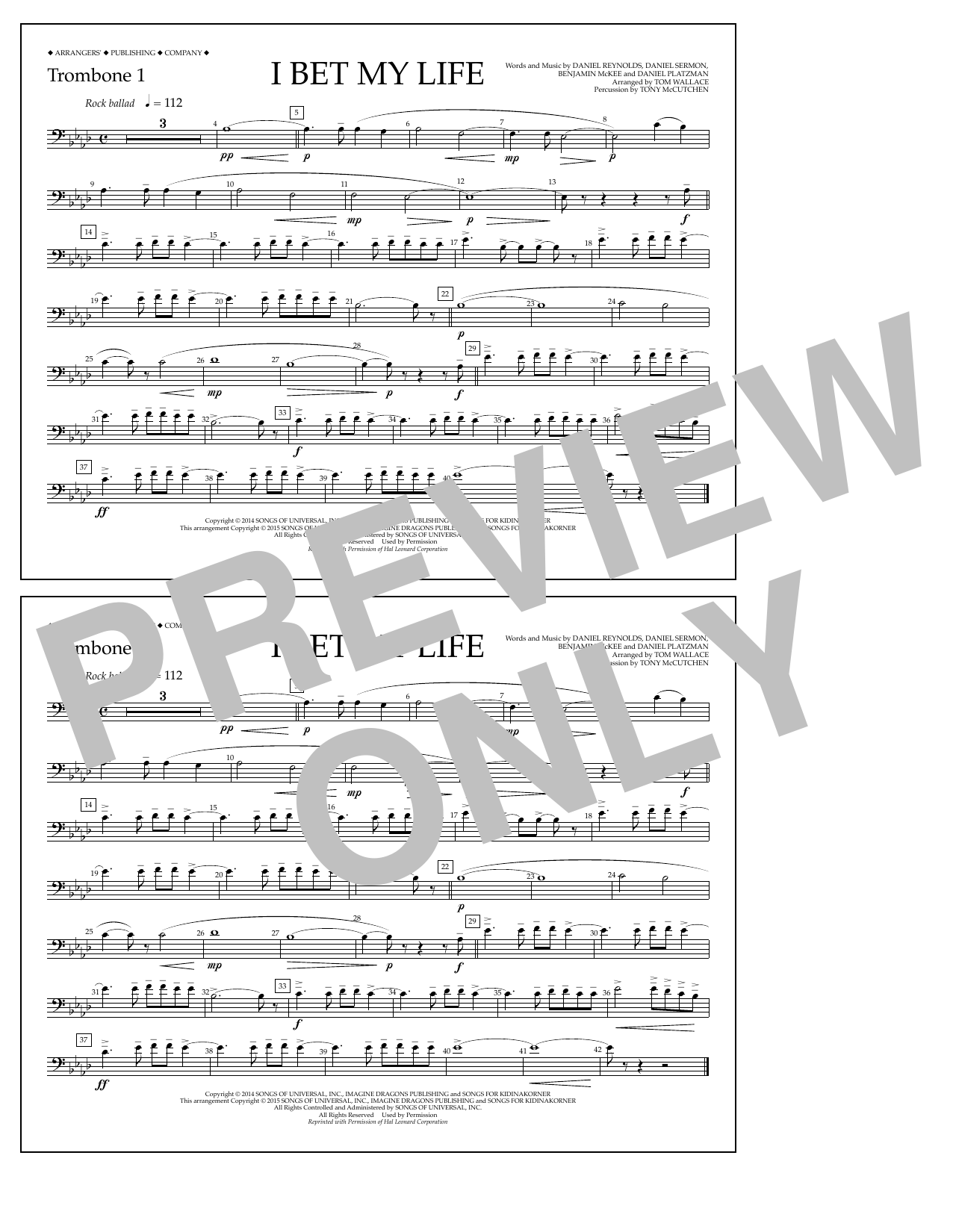 Download Tom Wallace I Bet My Life - Trombone 1 Sheet Music and learn how to play Marching Band PDF digital score in minutes