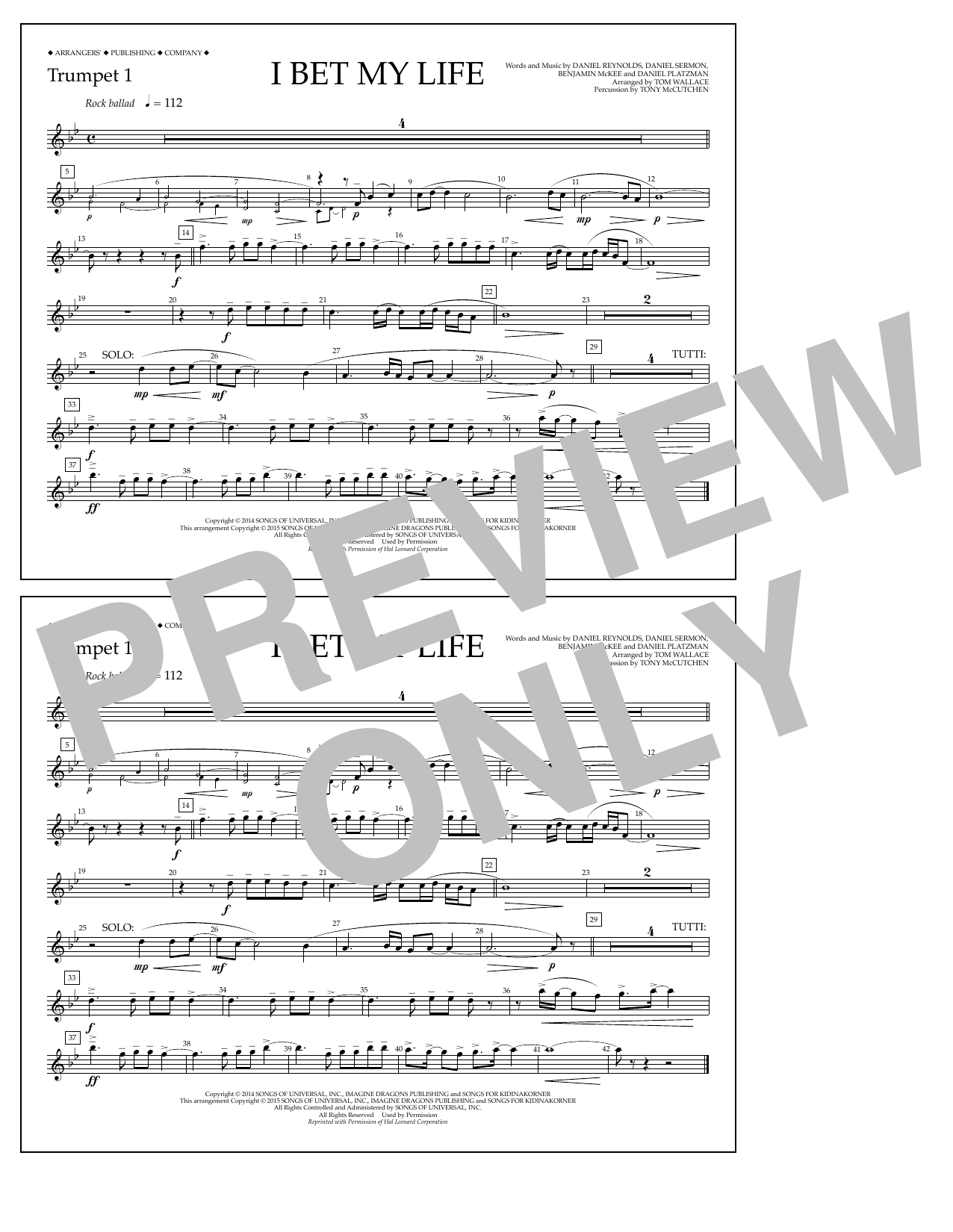 Download Tom Wallace I Bet My Life - Trumpet 1 Sheet Music and learn how to play Marching Band PDF digital score in minutes