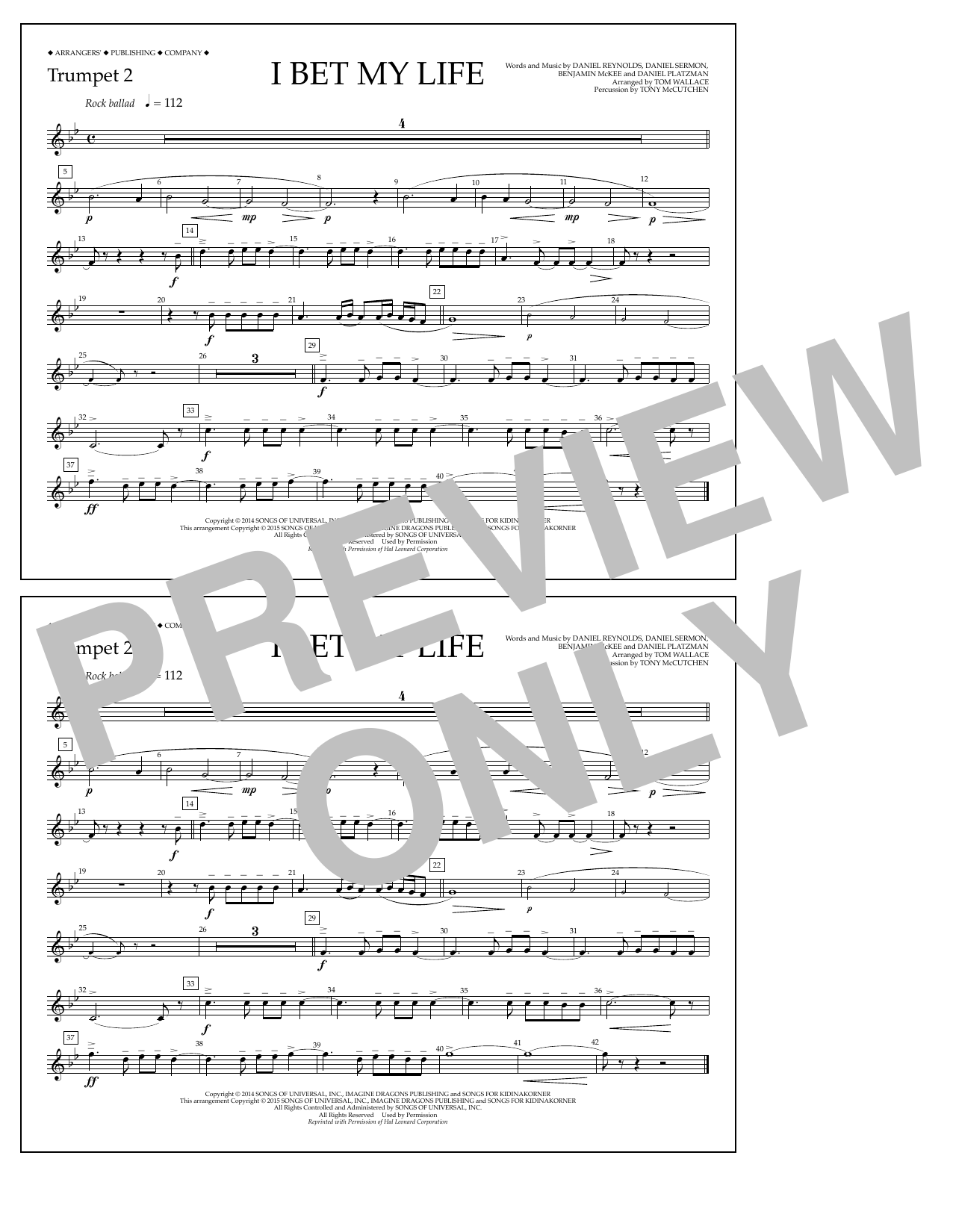 Download Tom Wallace I Bet My Life - Trumpet 2 Sheet Music and learn how to play Marching Band PDF digital score in minutes