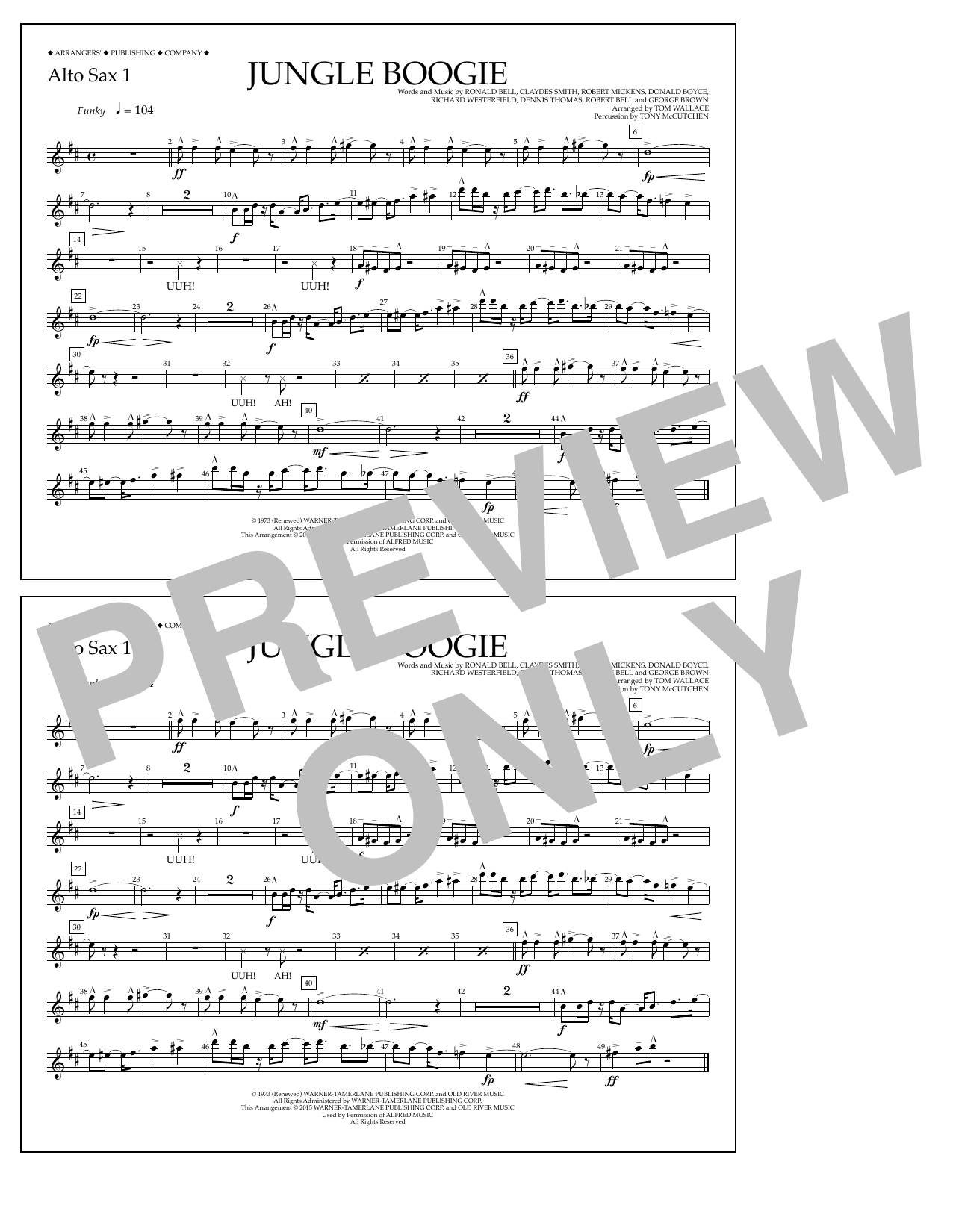 Download Tom Wallace Jungle Boogie - Alto Sax 1 Sheet Music and learn how to play Marching Band PDF digital score in minutes