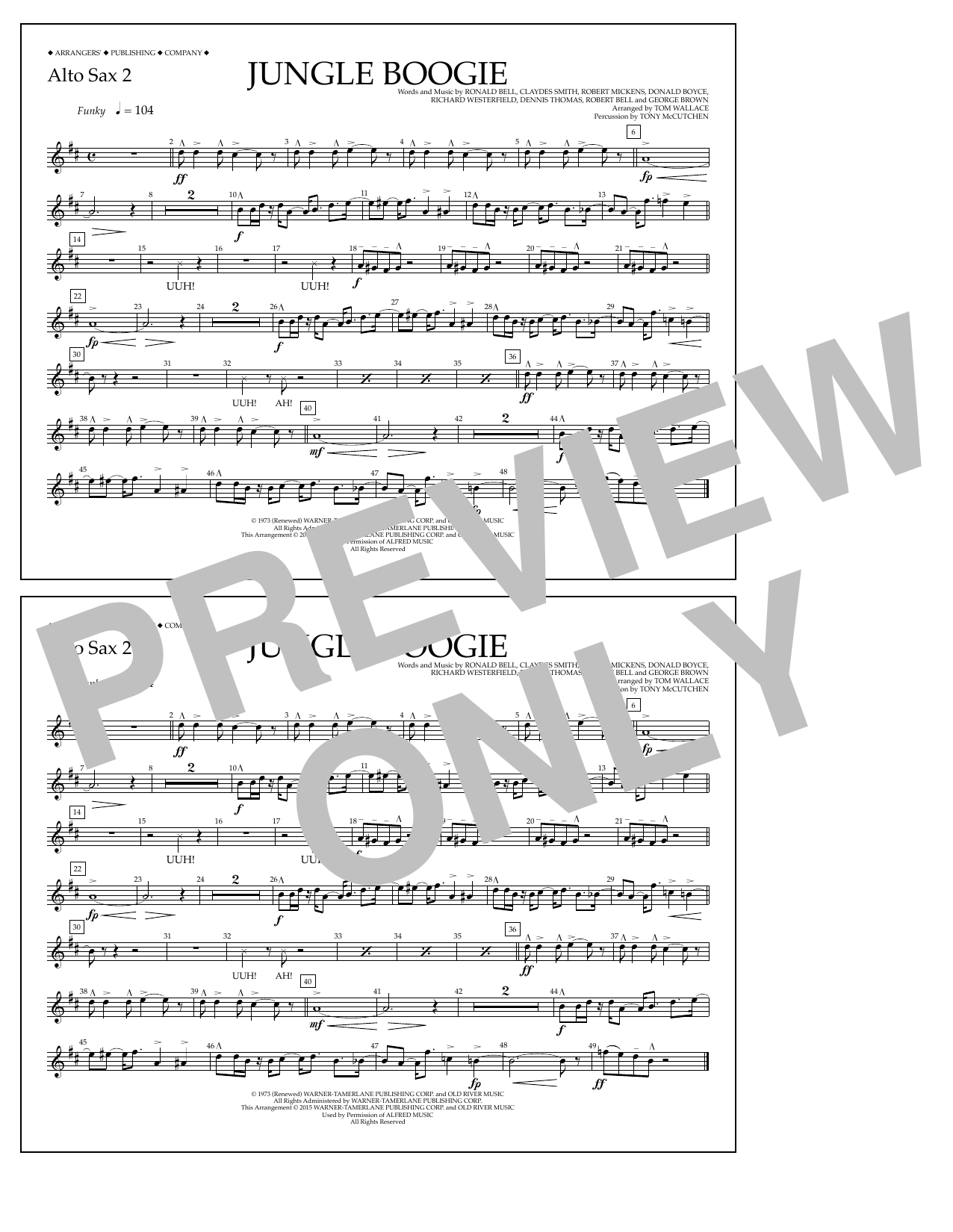 Download Tom Wallace Jungle Boogie - Alto Sax 2 Sheet Music and learn how to play Marching Band PDF digital score in minutes