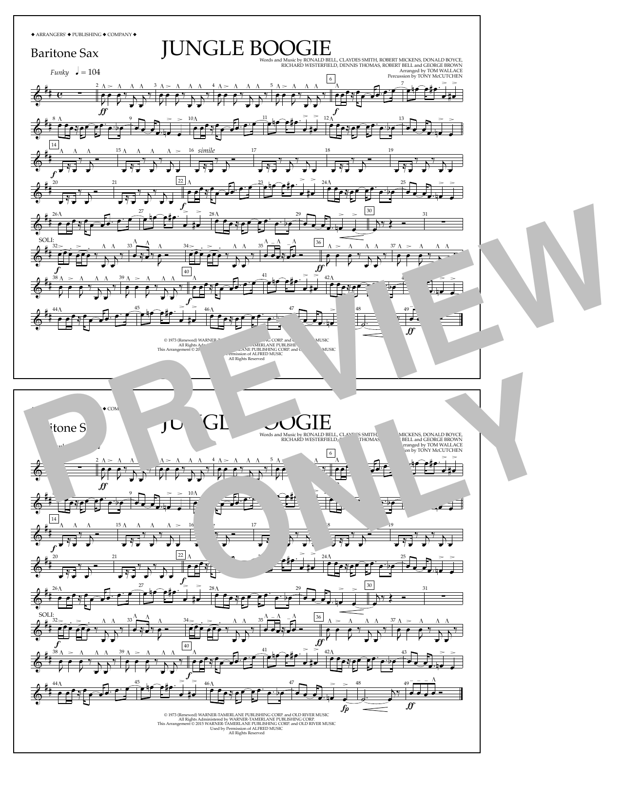 Download Tom Wallace Jungle Boogie - Baritone Sax Sheet Music and learn how to play Marching Band PDF digital score in minutes