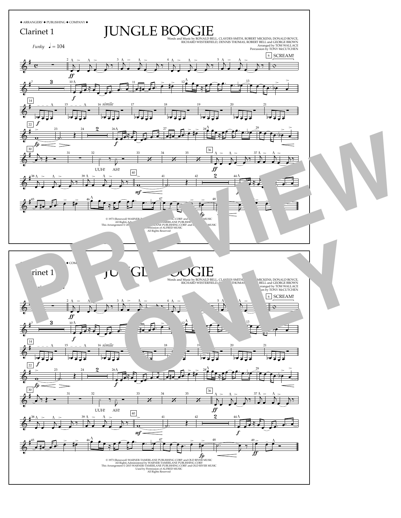 Download Tom Wallace Jungle Boogie - Clarinet 1 Sheet Music and learn how to play Marching Band PDF digital score in minutes