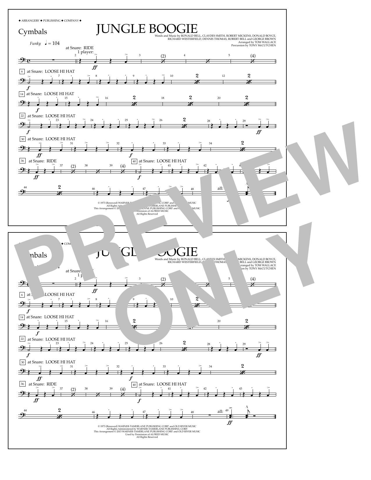 Download Tom Wallace Jungle Boogie - Cymbals Sheet Music and learn how to play Marching Band PDF digital score in minutes